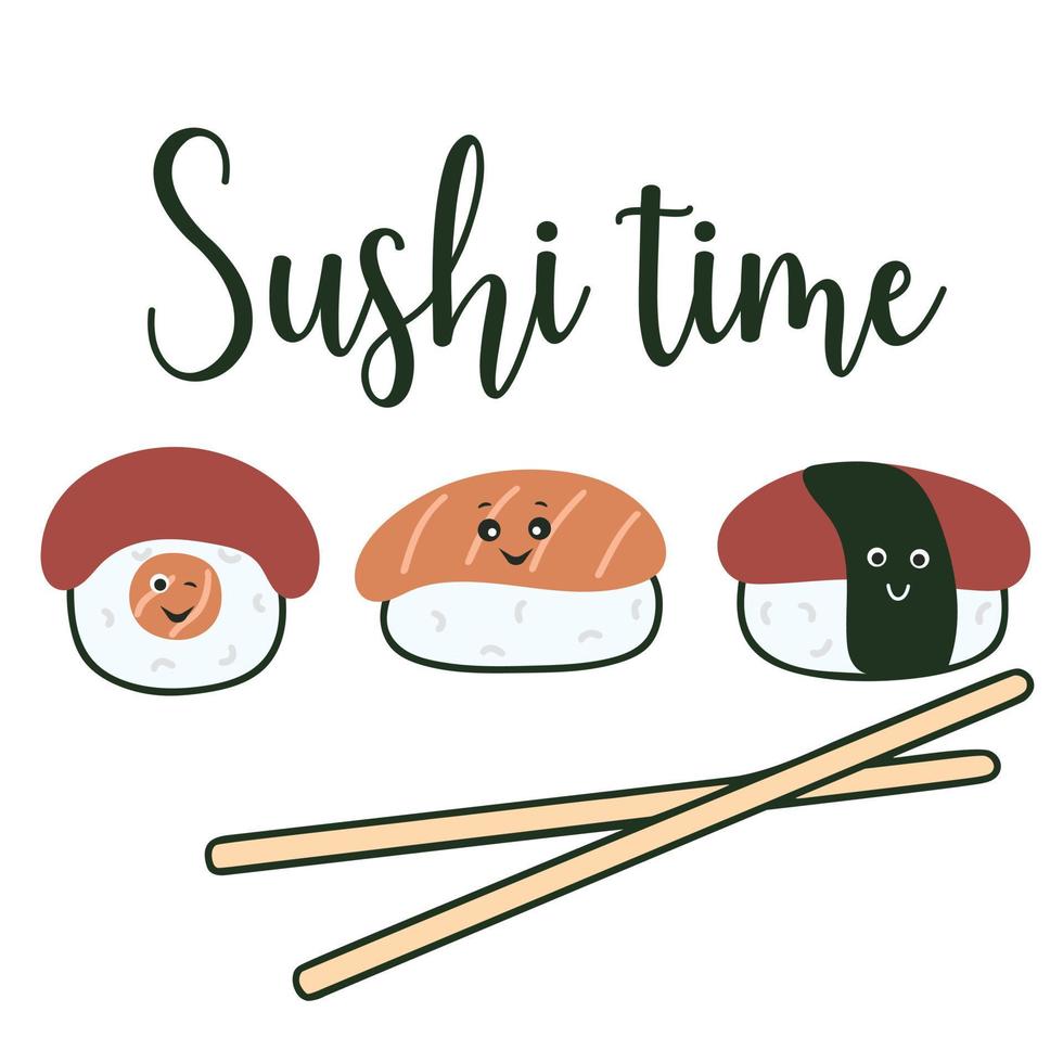 concepto de tiempo de sushi kawaii y rotulación ilustración vectorial vector