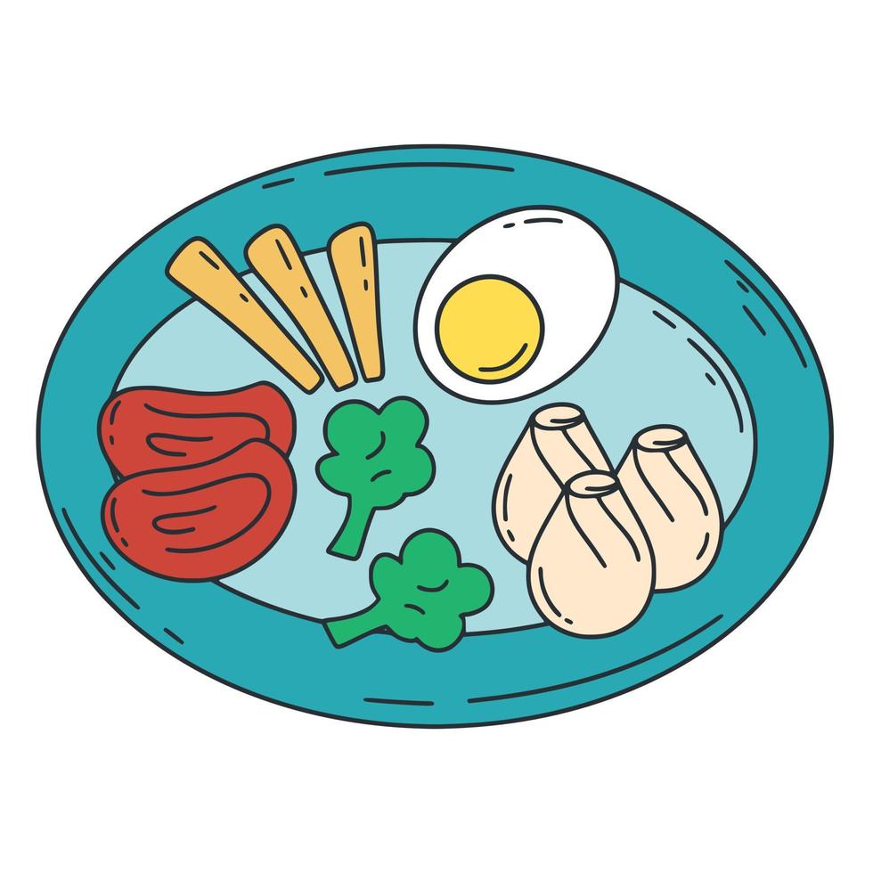 Lunch portion of dim sum, egg, meat and broccoli vector