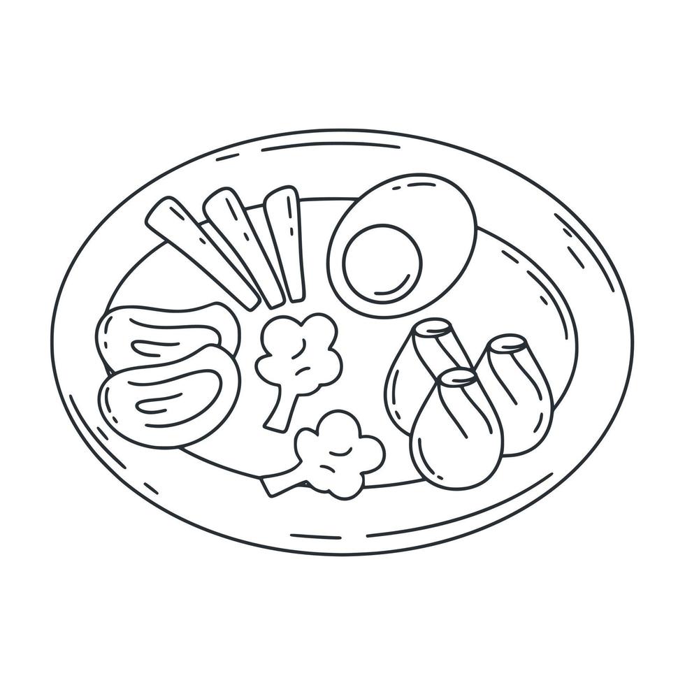 Chinese cuisine dish doodle illustration. Asianfood on plate ink sketch vector