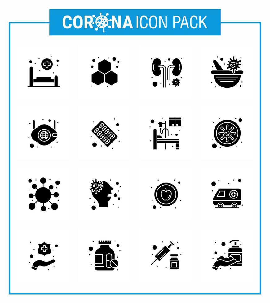 Corona virus disease 16 Solid Glyph Black icon pack suck as mask virus vaccine disease pharmacy bowl medicine viral coronavirus 2019nov disease Vector Design Elements