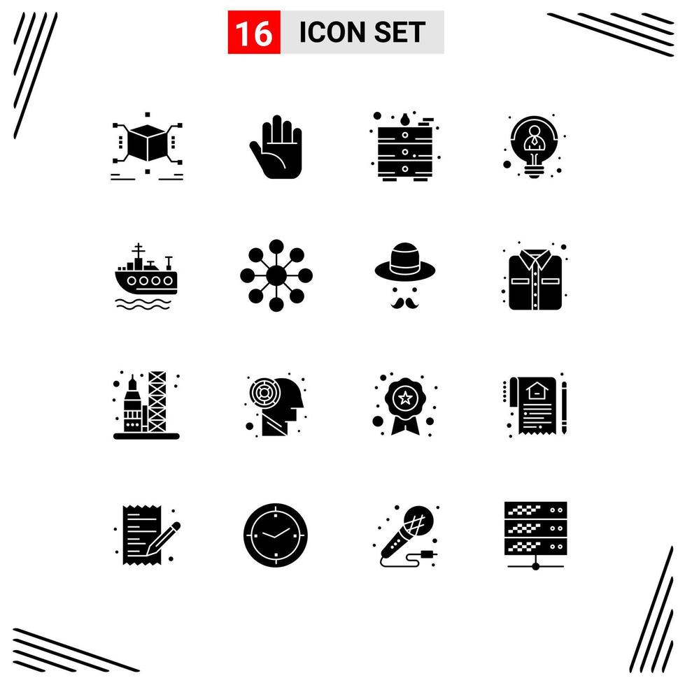 conjunto moderno de 16 glifos y símbolos sólidos, como elementos de diseño de vectores editables para nadar en la mesa de transporte del servidor