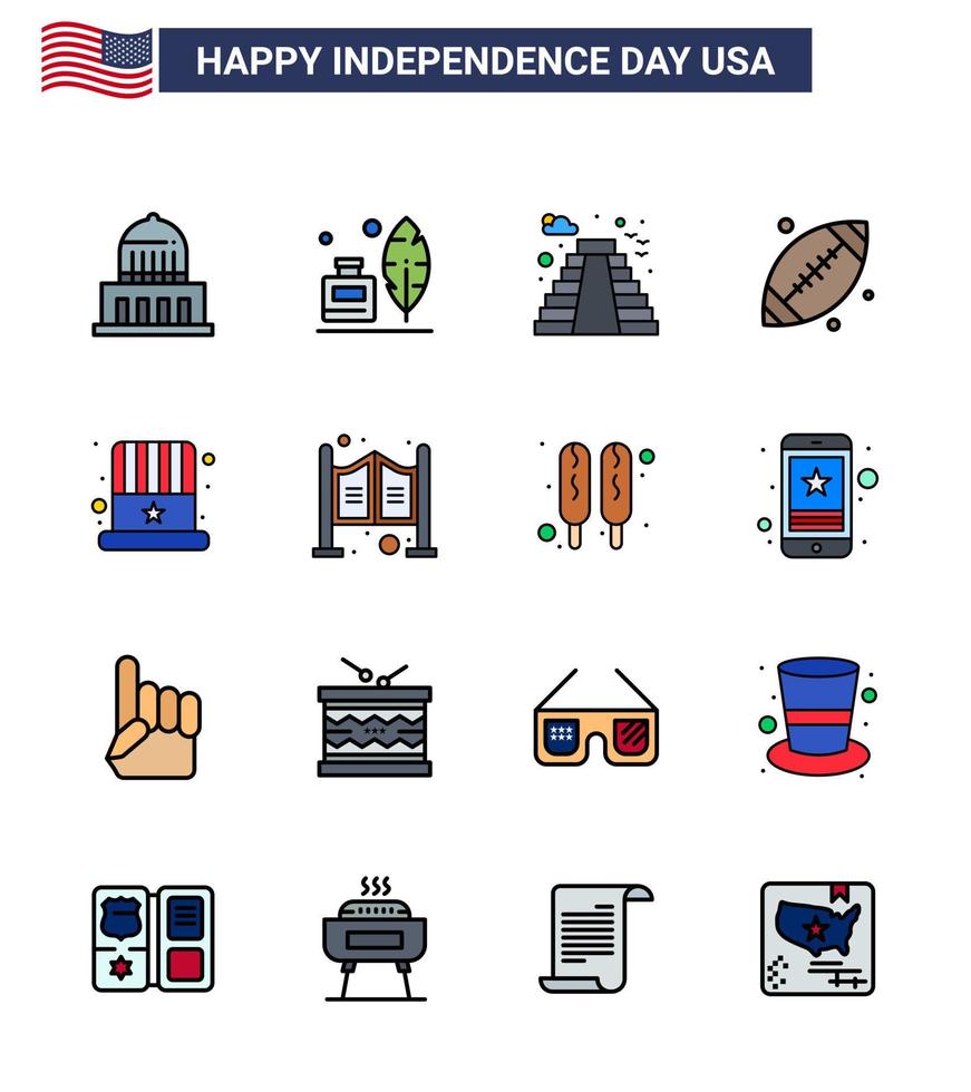 Flat Filled Line Pack of 16 USA Independence Day Symbols of cap usa american sport ball Editable USA Day Vector Design Elements