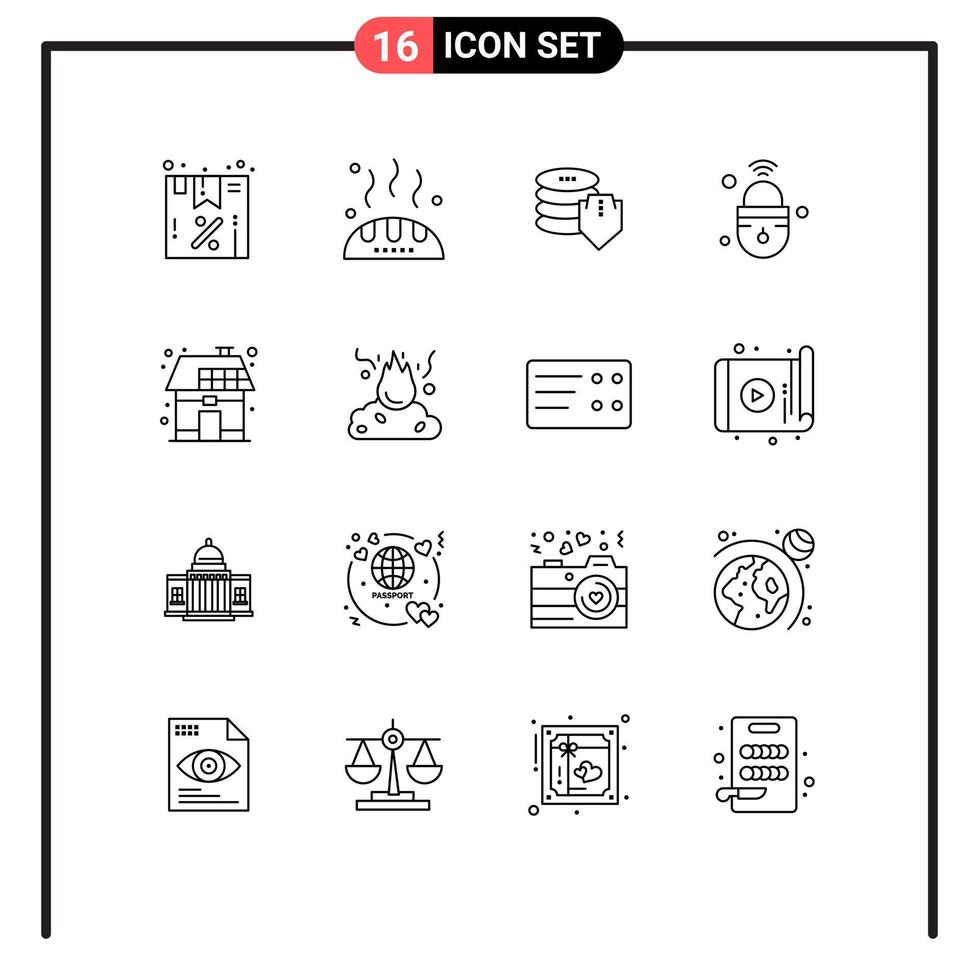 Set of 16 Commercial Outlines pack for eco secure shield lock internet of things Editable Vector Design Elements