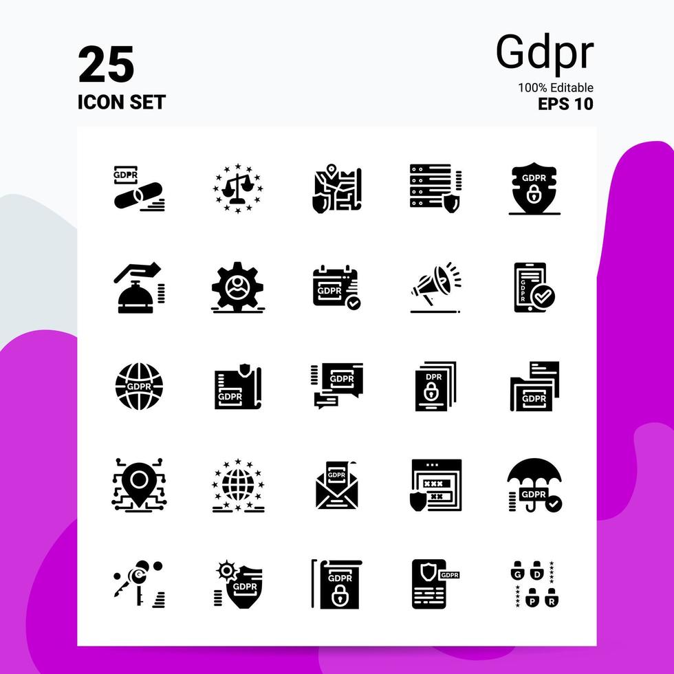 25 conjunto de iconos gdpr 100 archivos editables eps 10 ideas de concepto de logotipo de empresa diseño de icono de glifo sólido vector