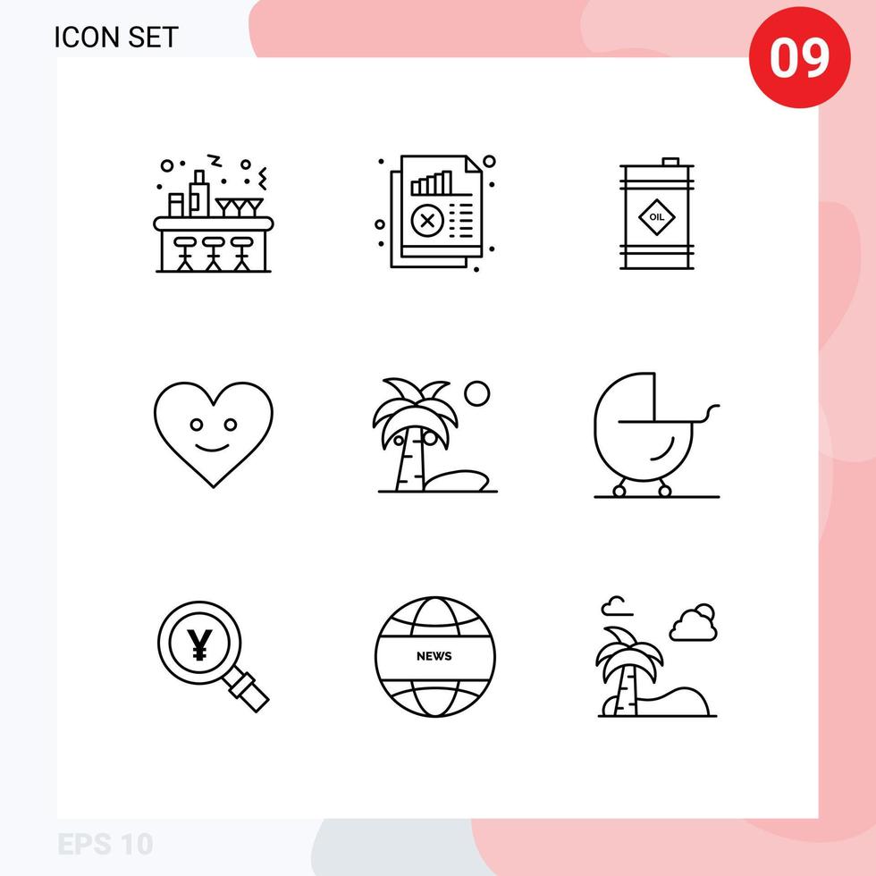 Pictogram Set of 9 Simple Outlines of coconut happy statistics heart toxic Editable Vector Design Elements