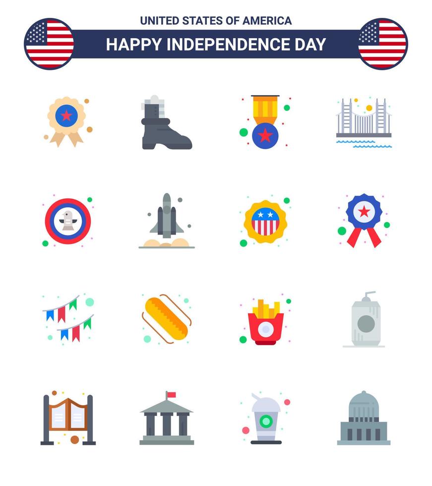 Modern Set of 16 Flats and symbols on USA Independence Day such as american tourism badge landmark gate Editable USA Day Vector Design Elements