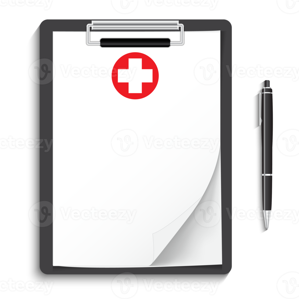 Clipboard with medical cross and pen. Clinical record, prescription, claim, medical check marks report, health insurance.1 png