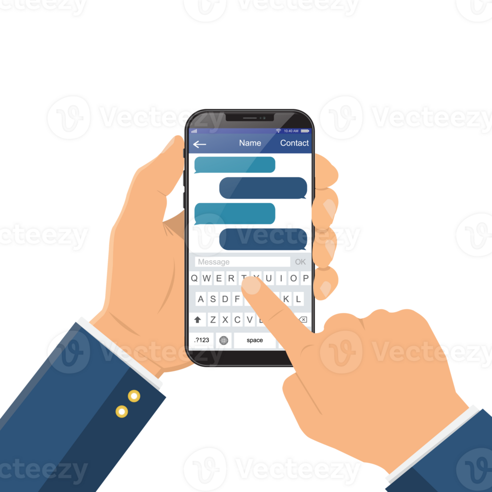 Chat message on the smartphone screen. Hand holds the smartphone, finger touches screen png