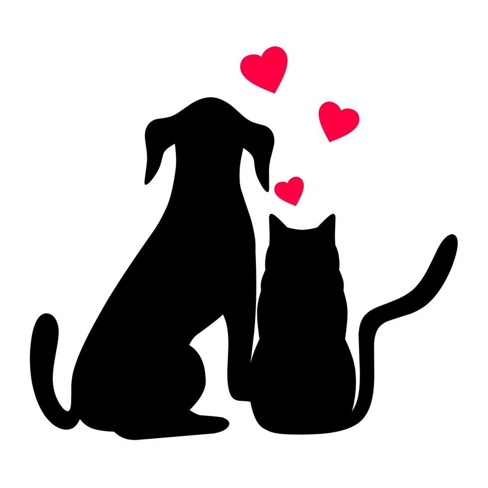 siluetas vectoriales de gato y perro sentados junto con el símbolo de amor rojo sobre fondo blanco. ideal para logotipos de tiendas de mascotas, amantes de los animales y amigos. vector