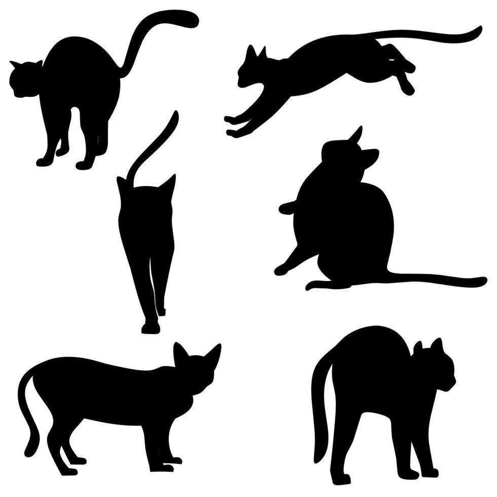 colección de gatos negros sobre un fondo blanco. gatos en varias poses corporales. silueta vectorial vector