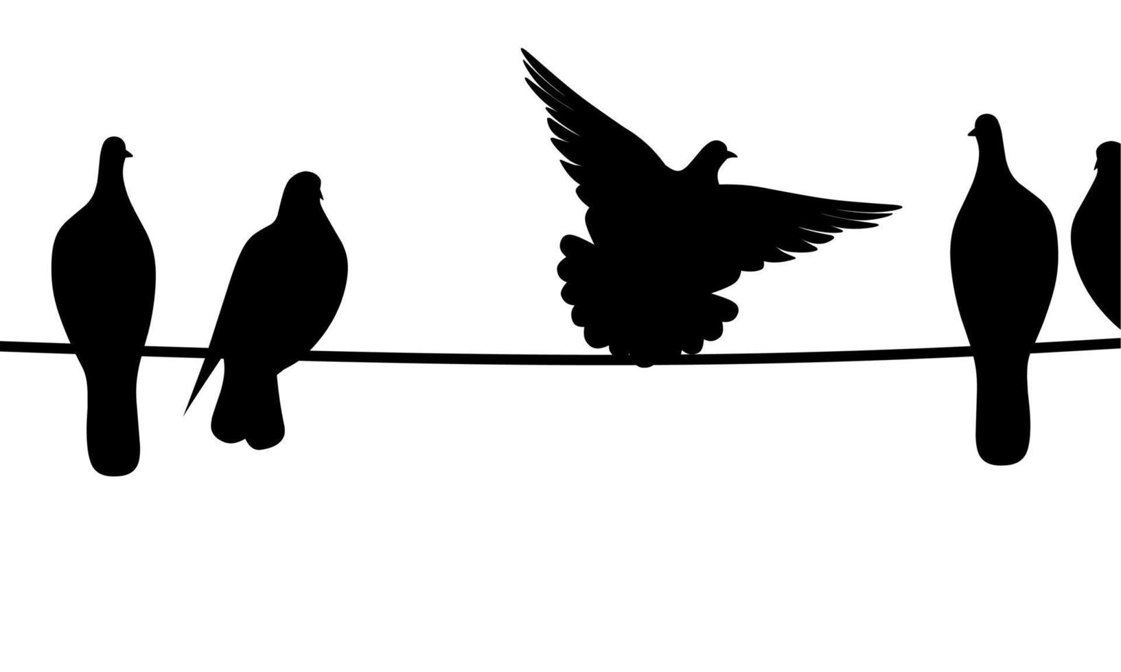 Black silhouette of a dove perched on a wire on a white background. A group of black bird shadows. vector