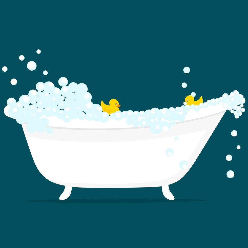 Bathtub vector illustration with foam bubbles inside and yellow rubber duck toy isolated on green background. Relaxing bathroom interior