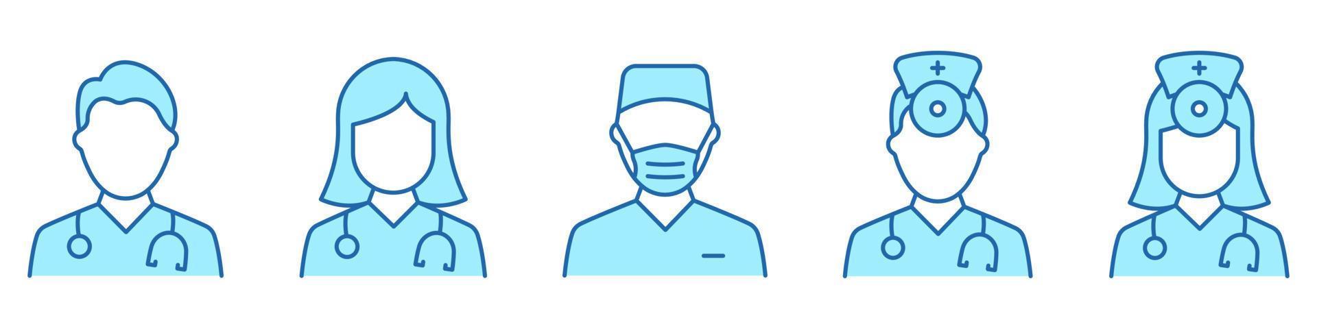 Hospital Healthcare Staff Color Line Icon Set. Male and Female Professional Doctors Outline Pictogram. Nurse, Otolaryngologist, Surgeon Icon. Isolated Vector Illustration.