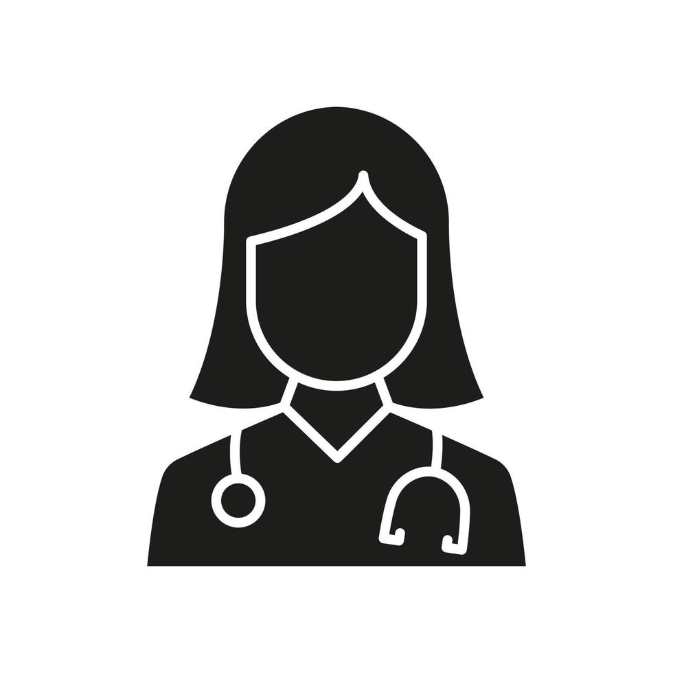 Professional Doctor with Stethoscope Silhouette Icon. Female Physicians Specialist and Assistant Glyph Black Pictogram. Isolated Vector Illustration.