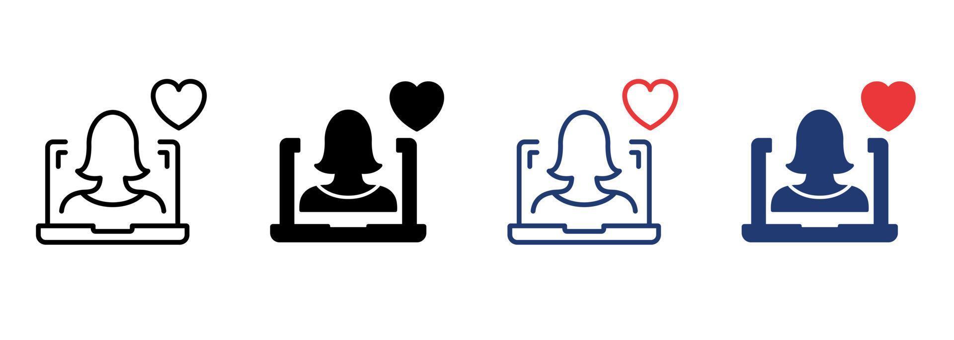 Online Help Icon Set. Computer Psychologist Support and Therapy Online with Heart Pictogram. Virtual Woman Operator Icon. Donate Concept. Editable Stroke. Isolated Vector Illustration.