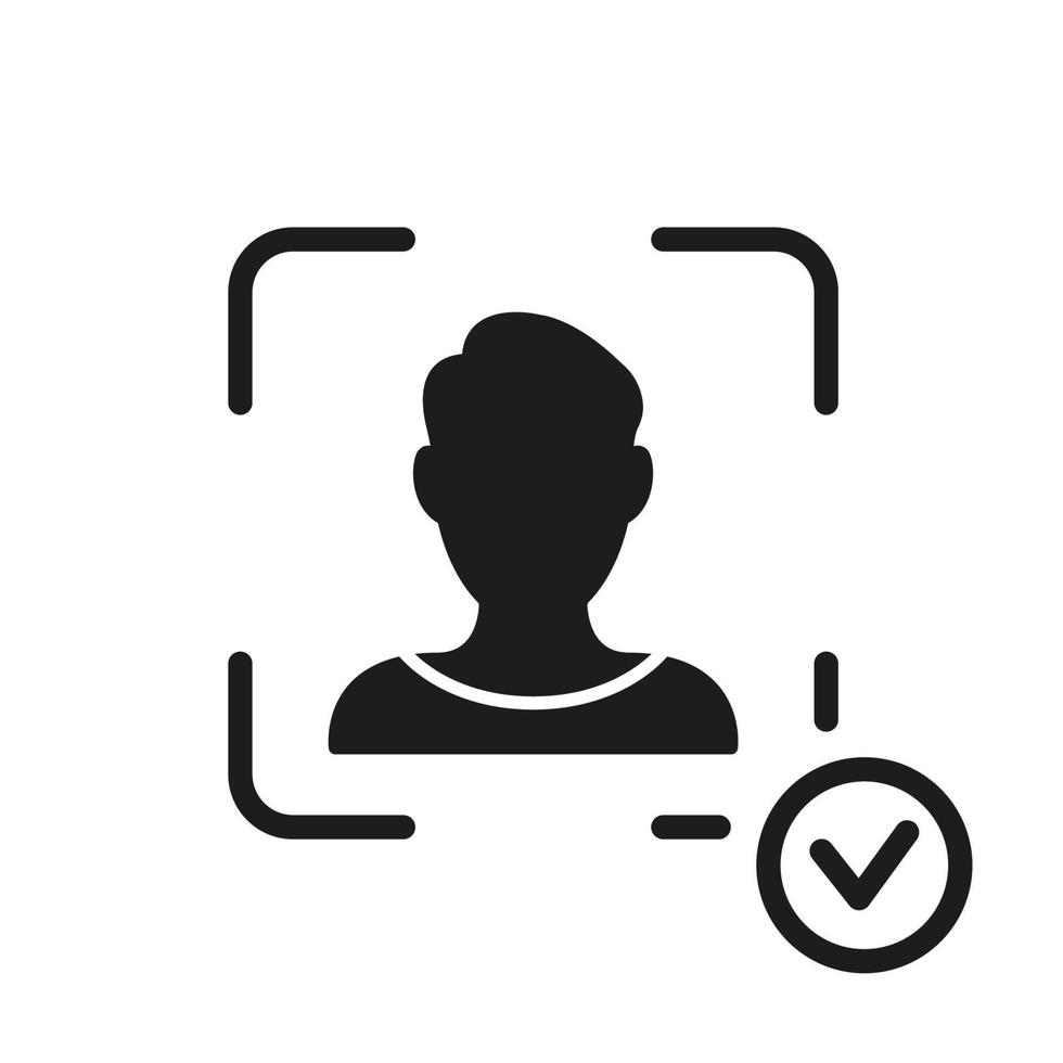 Scan Face ID on Smartphone Silhouette Icon. Facial Recognition Glyph Pictogram. Biometric Identification Technology Symbol. Verification Sign. Isolated Vector Illustration.