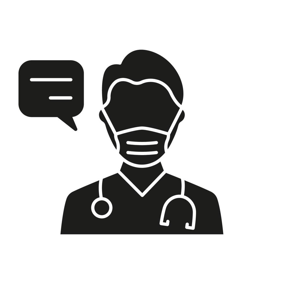 médico en máscara con icono de silueta de concepto de consulta de burbuja de voz. médico hablando pictograma negro glifo. icono de chat de atención médica. conversación médica. ilustración vectorial aislada. vector