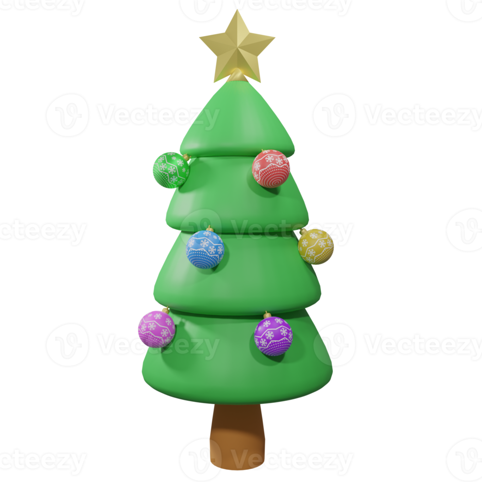 3D Christmas tree with ornament and stars on top PNG