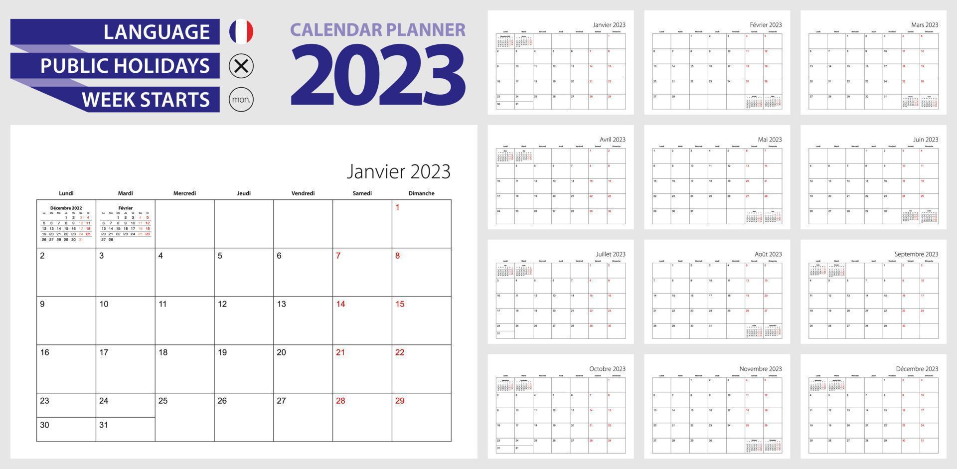 French calendar planner for 2023. French language, week starts from Monday. vector