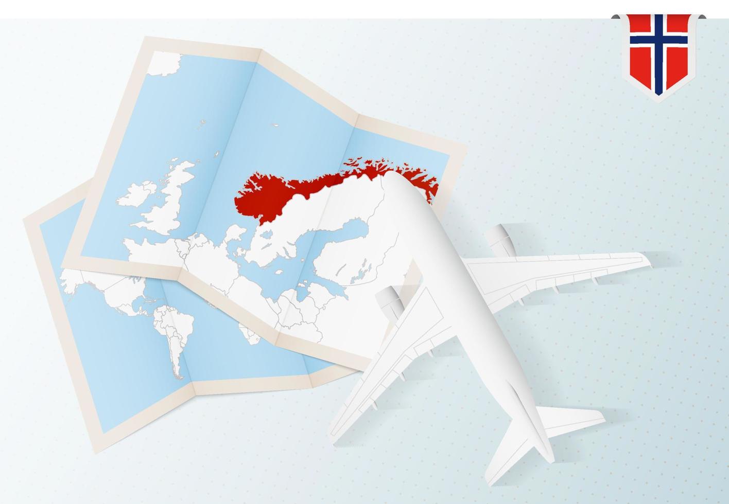 viaje a noruega, vista superior del avión con mapa y bandera de noruega. vector