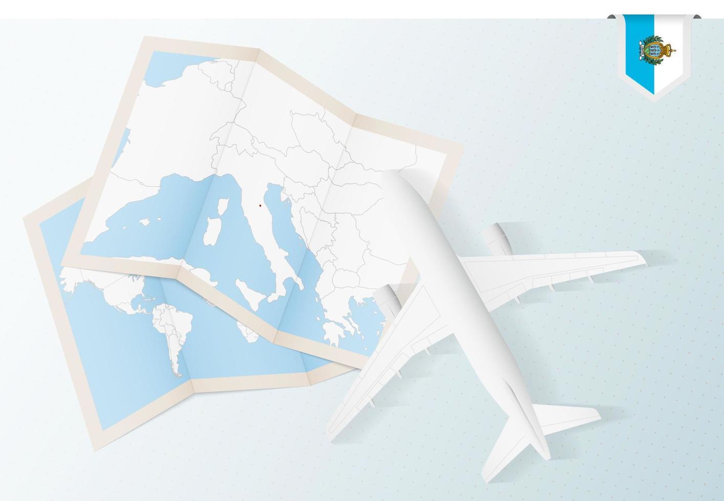 Travel to San Marino, top view airplane with map and flag of San Marino. vector