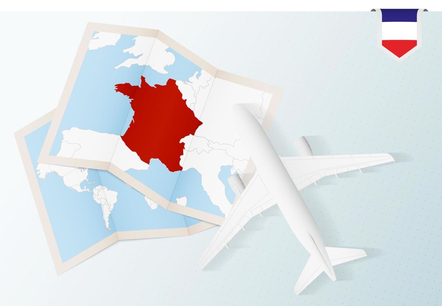 Travel to France, top view airplane with map and flag of France. vector