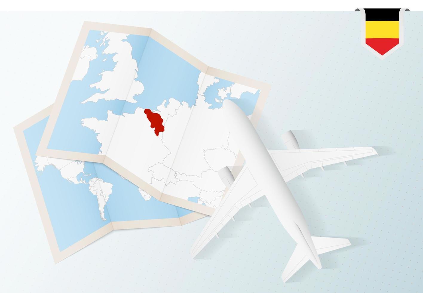 viaje a bélgica, vista superior del avión con mapa y bandera de bélgica. vector