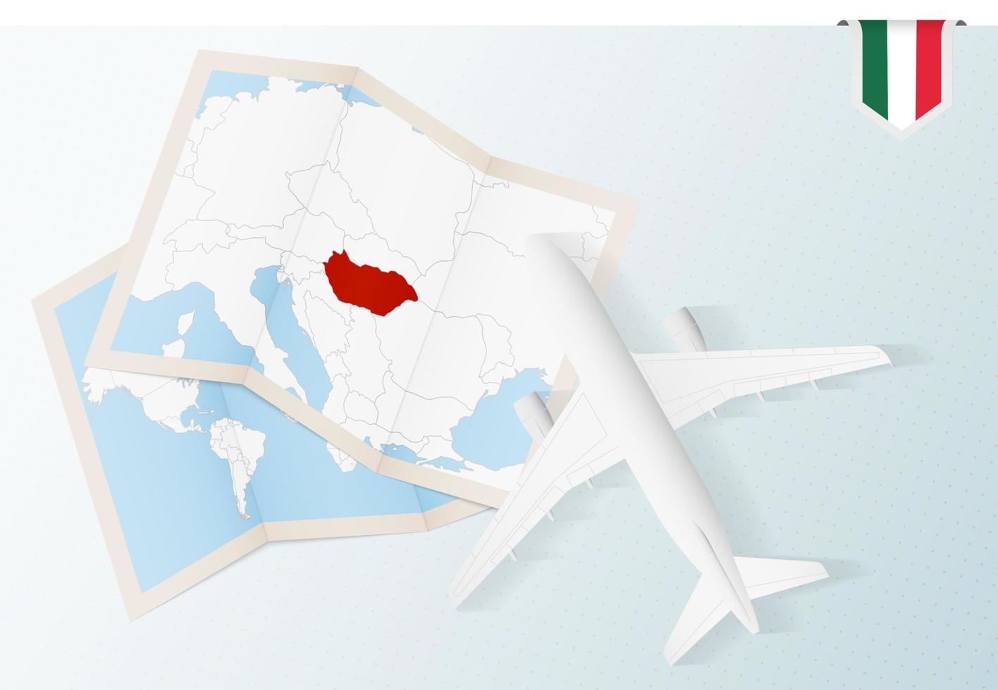 Travel to Hungary, top view airplane with map and flag of Hungary. vector