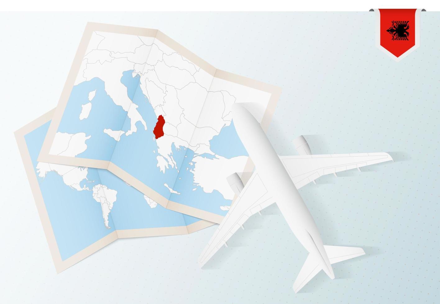 viaje a albania, vista superior del avión con mapa y bandera de albania. vector