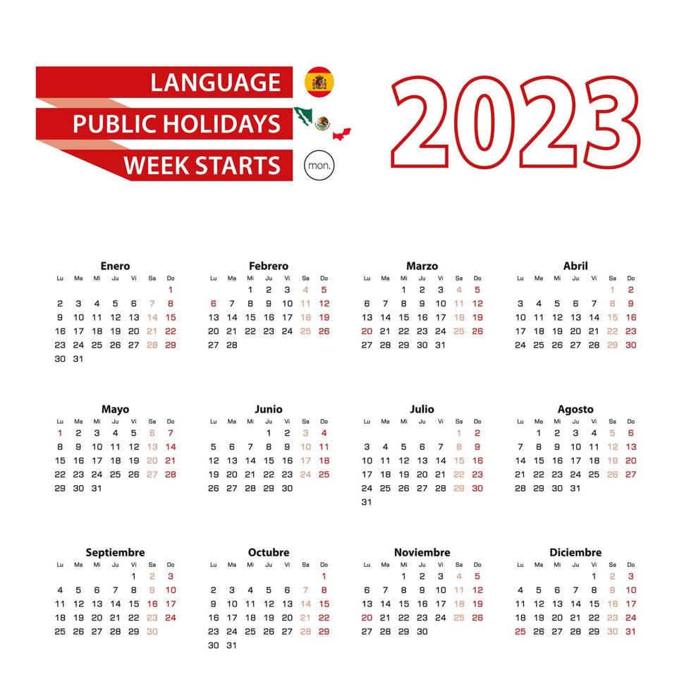 Calendar 2023 in Spanish language with public holidays the country of Mexico in year 2023. vector