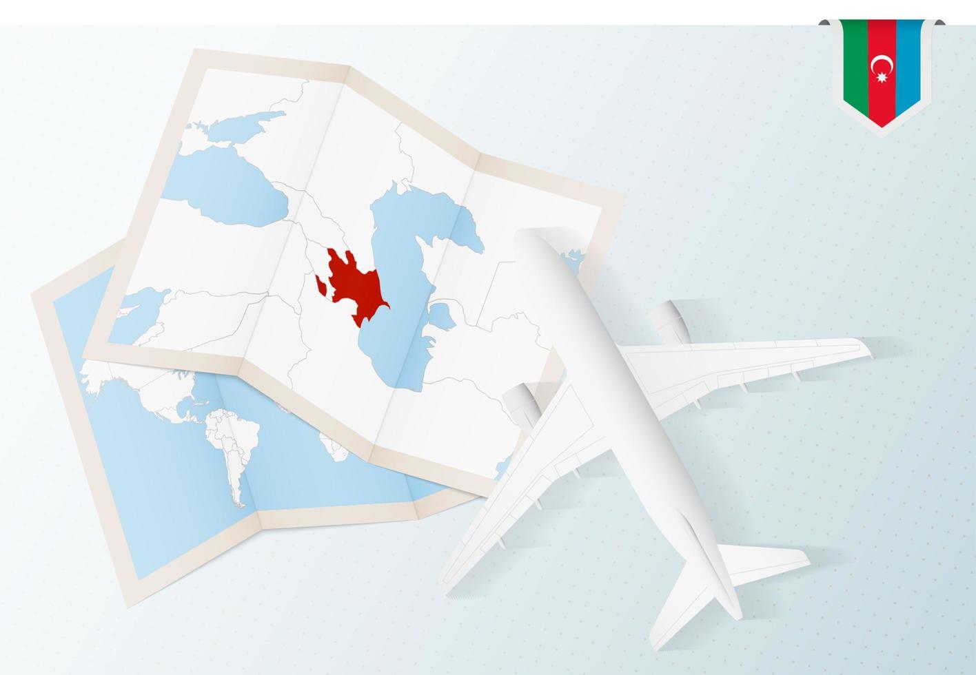 viaje a azerbaiyán, vista superior del avión con mapa y bandera de azerbaiyán. vector