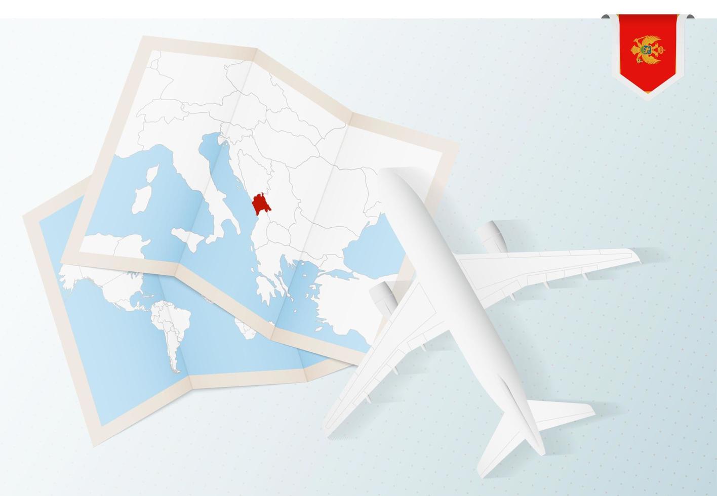 viaje a montenegro, avión de vista superior con mapa y bandera de montenegro. vector