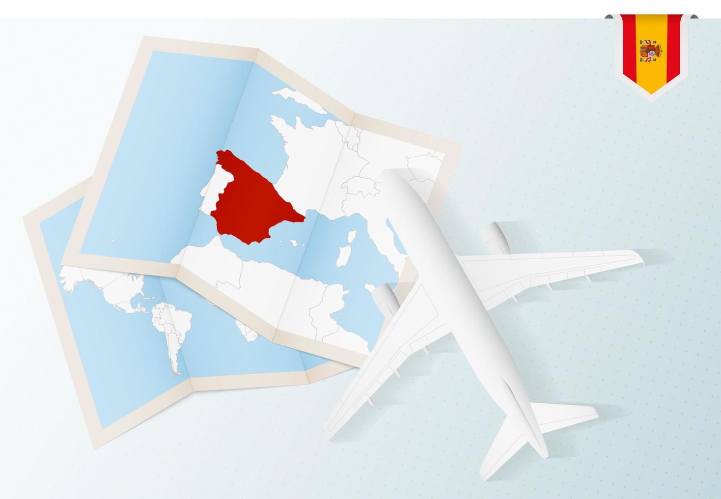 Travel to Spain, top view airplane with map and flag of Spain. vector