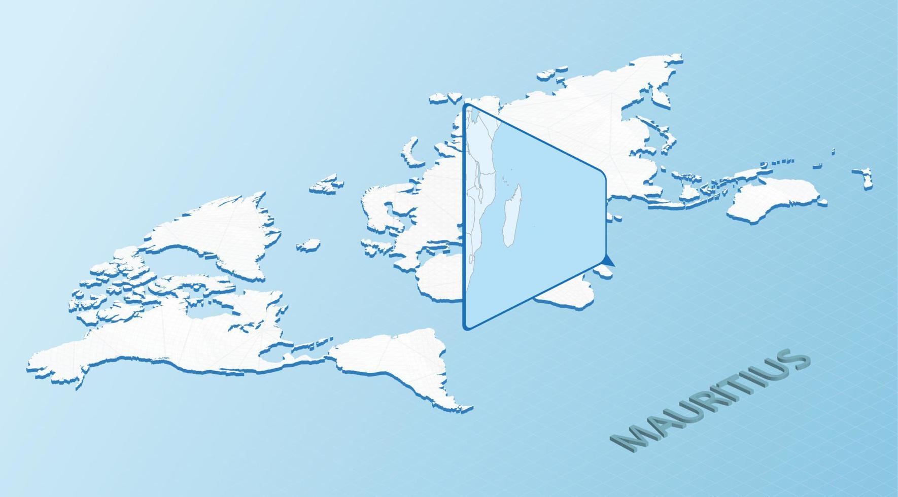 mapa mundial en estilo isométrico con mapa detallado de mauricio. mapa de mauricio azul claro con mapa del mundo abstracto. vector