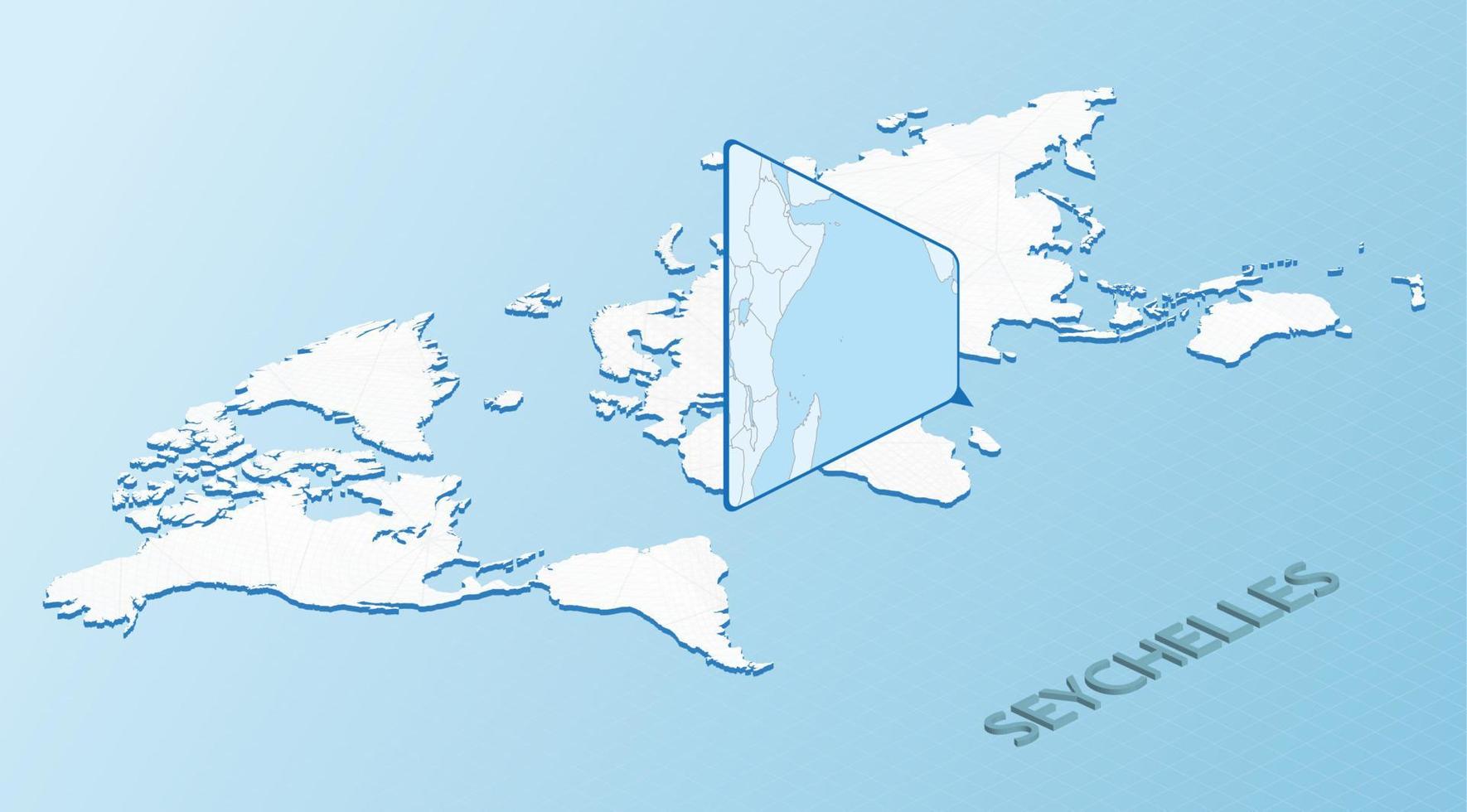 mapa mundial en estilo isométrico con mapa detallado de seychelles. mapa de seychelles azul claro con mapa del mundo abstracto. vector