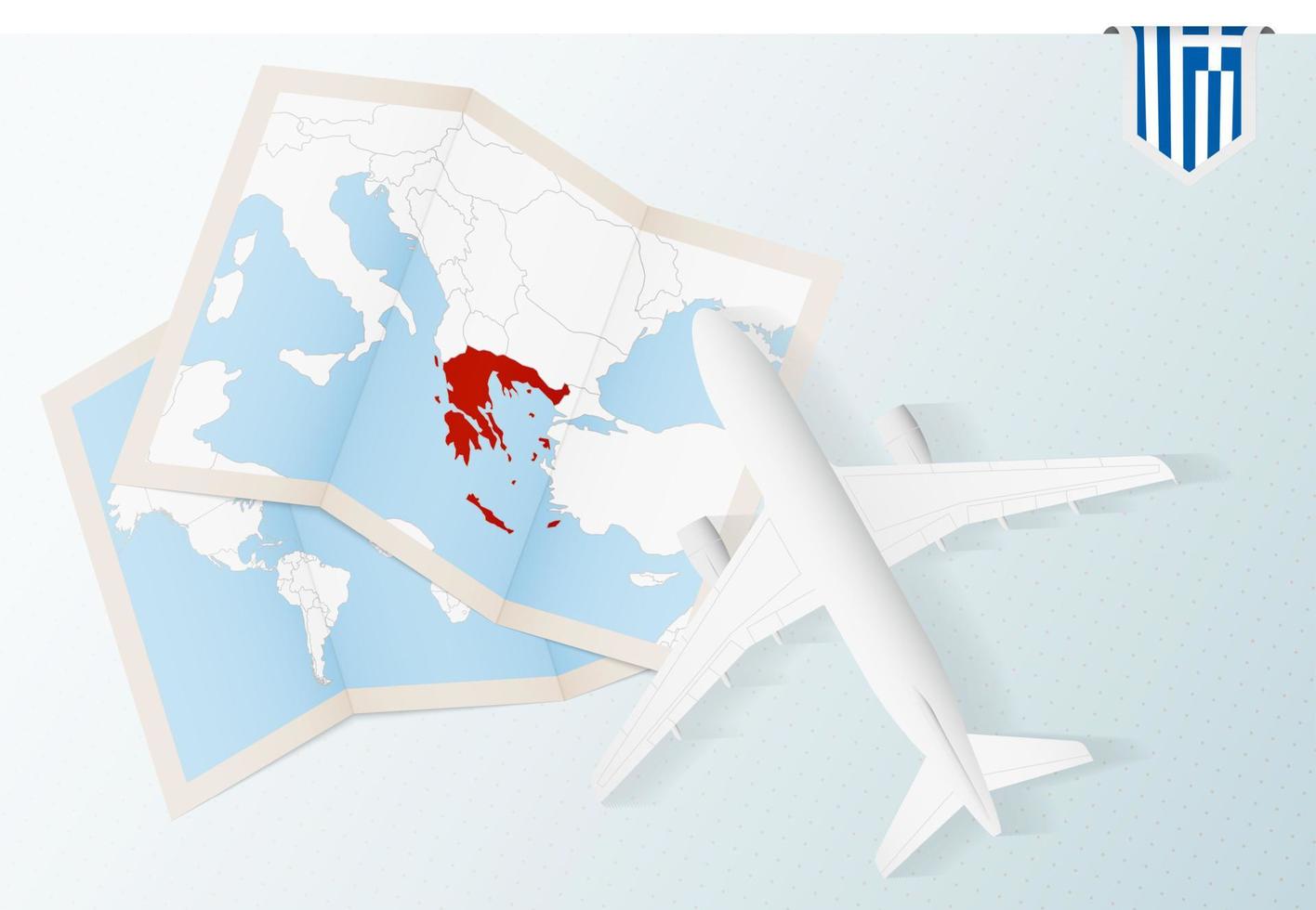 viaje a grecia, vista superior del avión con mapa y bandera de grecia. vector