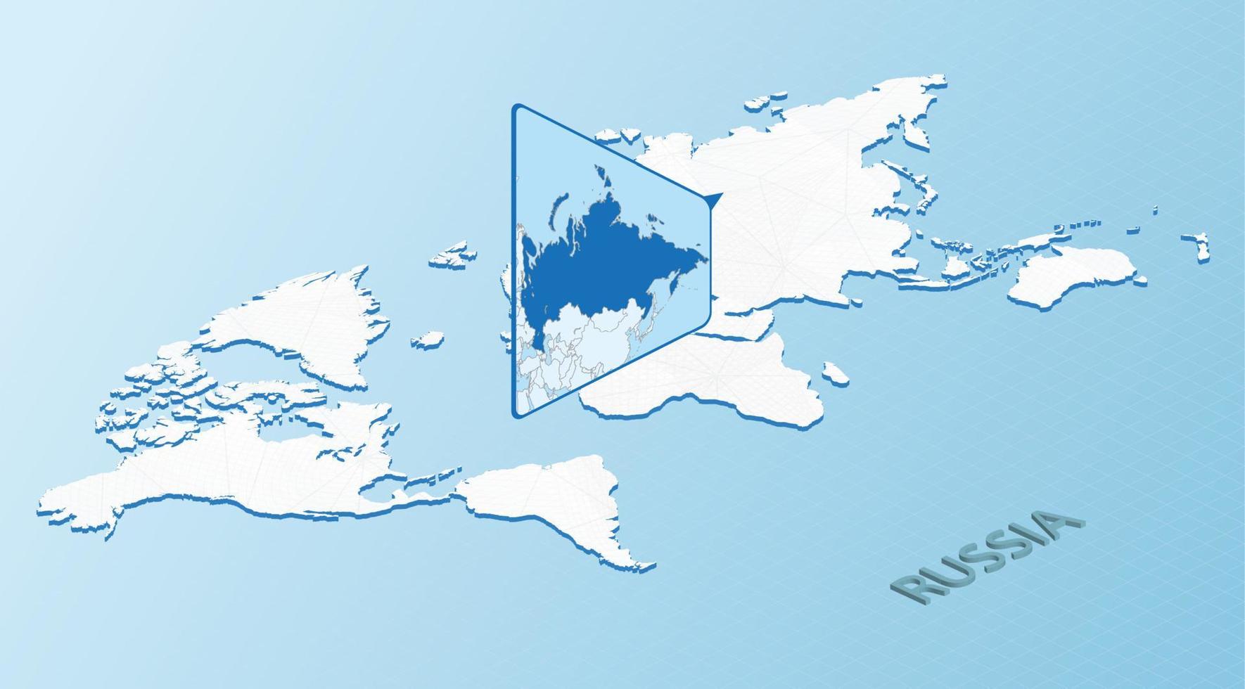 World Map in isometric style with detailed map of Russia. Light blue Russia map with abstract World Map. vector