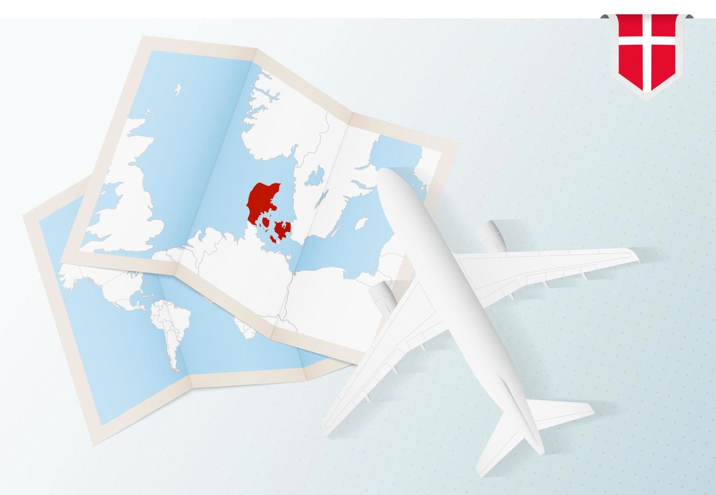 viaje a dinamarca, vista superior del avión con mapa y bandera de dinamarca. vector