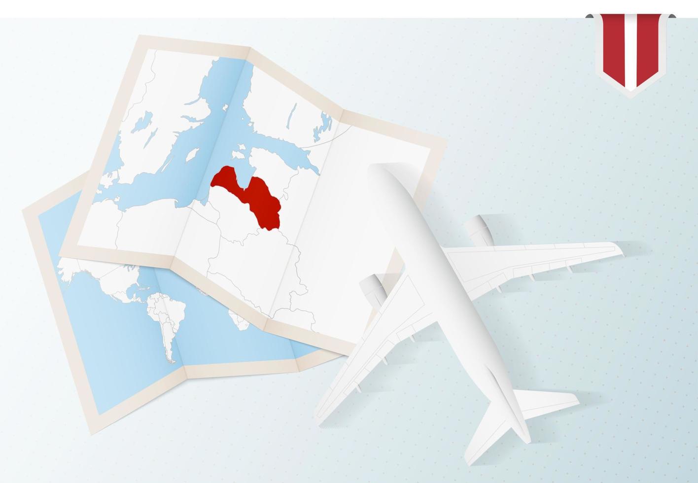 Travel to Latvia, top view airplane with map and flag of Latvia. vector