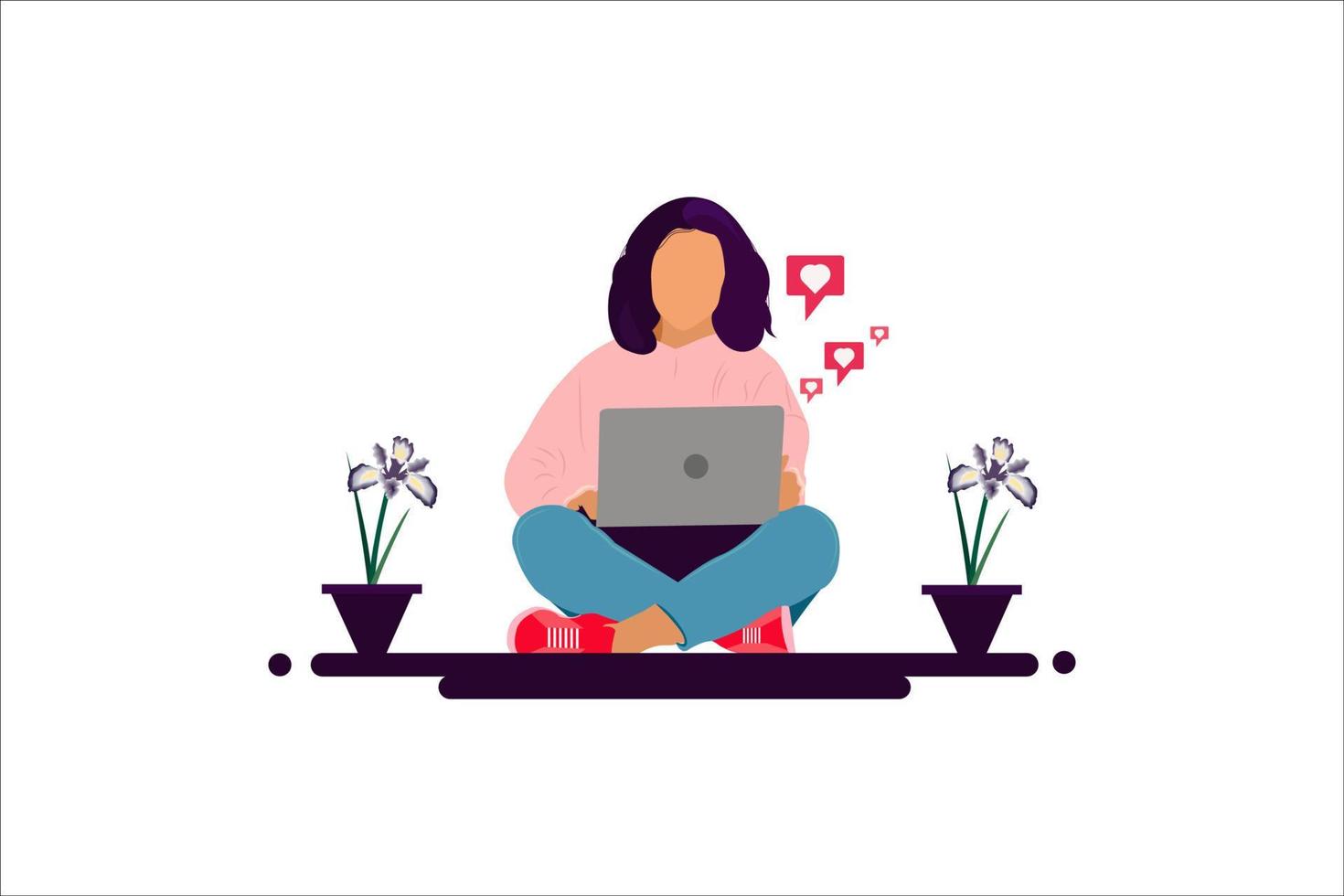 Help me with homework. Portrait of happy interesting girl with curly hair, working on project, sitting on floor with crossed legs, holding laptop and smiling broadly, freelancing over gray background vector