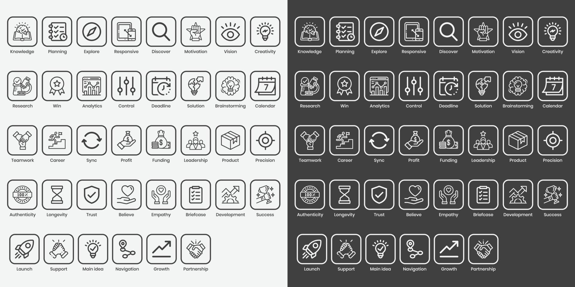 Startup vector icon set. black and white icon series with line and stroke