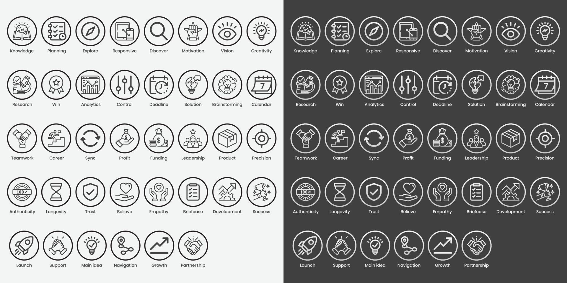 Startup vector icon set. black and white icon series with line and stroke