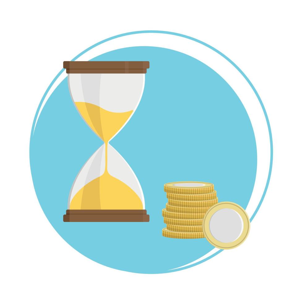 Hourglass and stack of coins, flat vector, isolate on white, time is money, illustration in blue and yellow colors vector