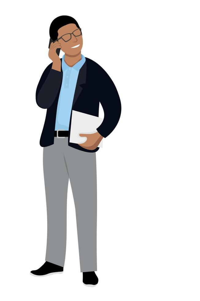 Indian guy in glasses with documents in hand talking on the phone, flat vector, isolate on white, accountant, office worker, faceless illustration vector