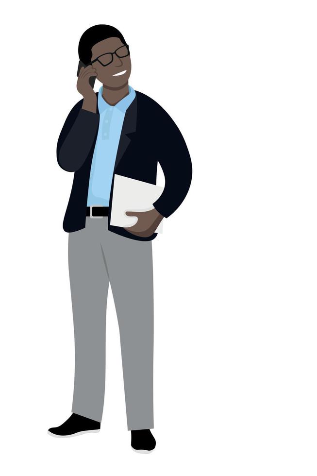 Black guy in glasses with documents in hand talking on the phone, flat vector, isolate on white, accountant, office worker, faceless illustration vector