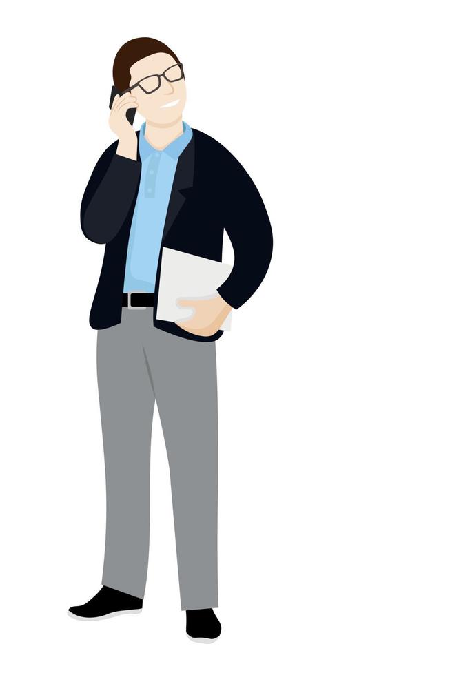 Guy in glasses with documents in hand talking on the phone, flat vector, isolate on white, accountant, office worker, faceless illustration vector