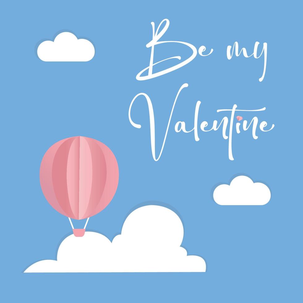 Vector love postcard for Valentine's Day with pink Balloon and flying hearts, paper cut clouds and blue background