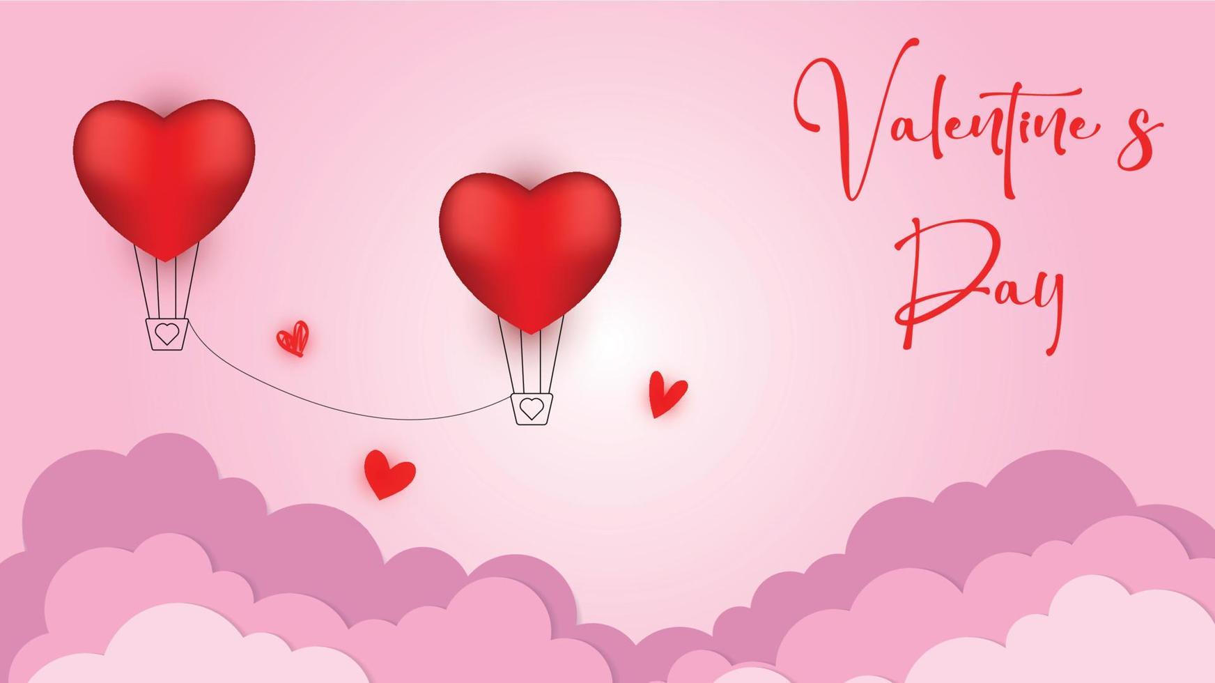 Vector love postcard for Valentine's Day with balloons connected by a rope, paper clouds and pink background