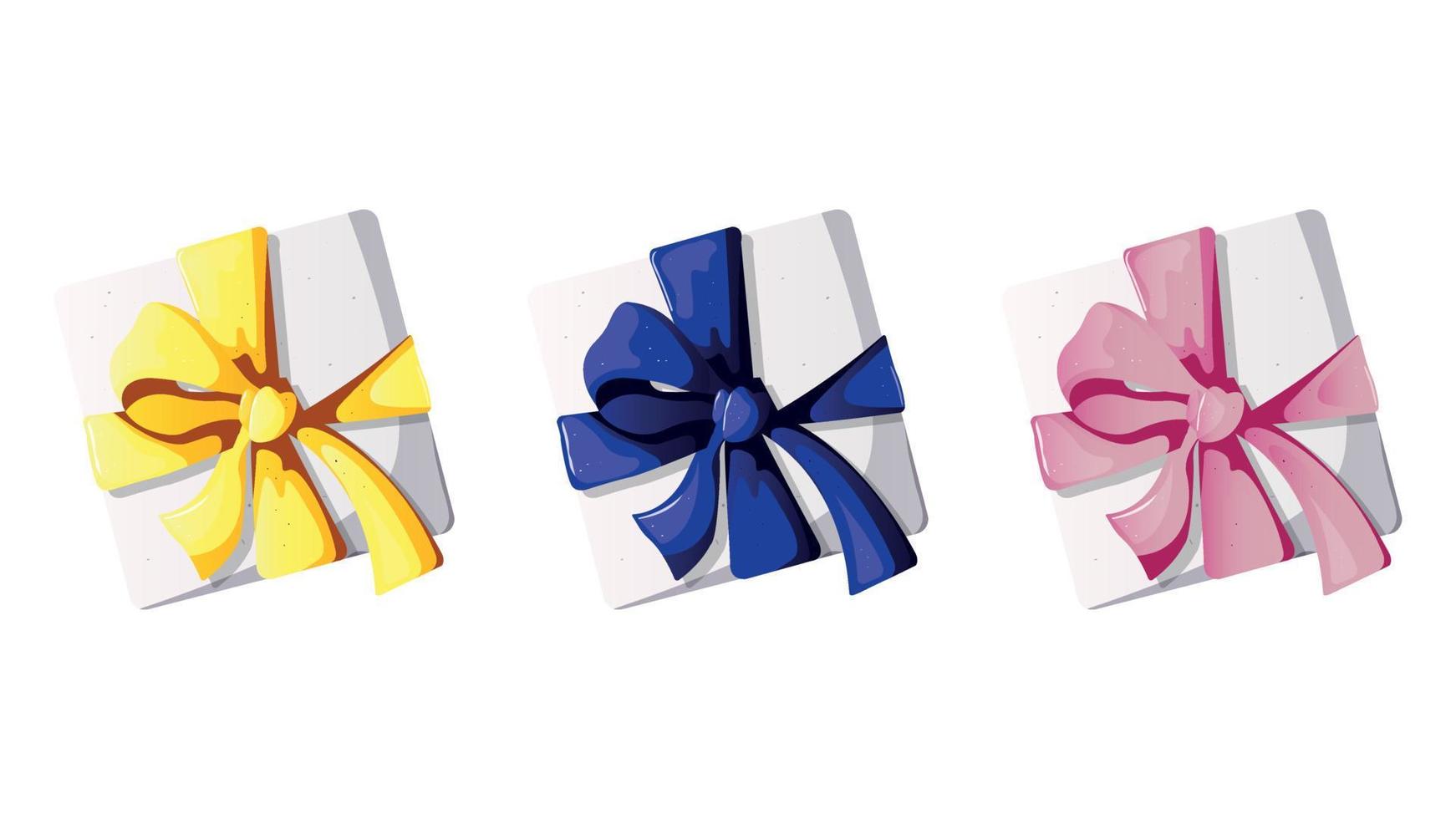 conjunto de caja de regalo con lazo rosa, amarillo o azul sobre fondo blanco. ilustración vectorial aislada para tarjeta, invitación, portada, proyectos de diseño vector