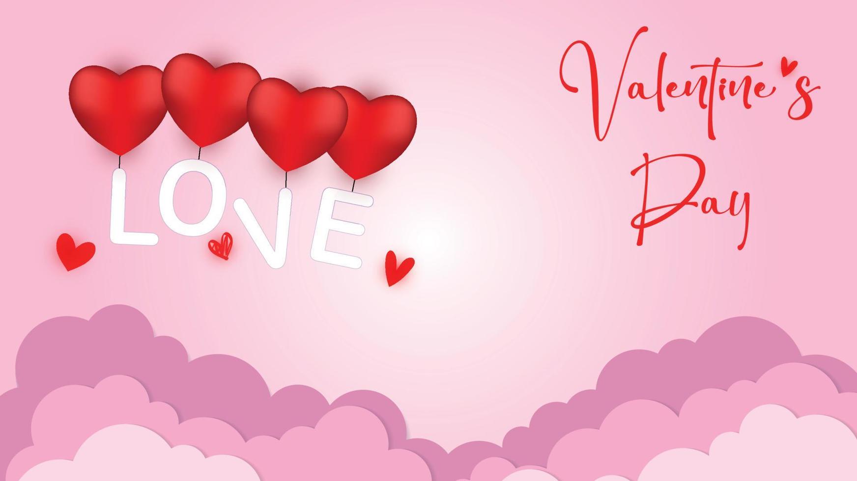 postal de amor vectorial para el día de san valentín con la inscripción amor, colgada en el corazón, nubes de papel y fondo rosa vector